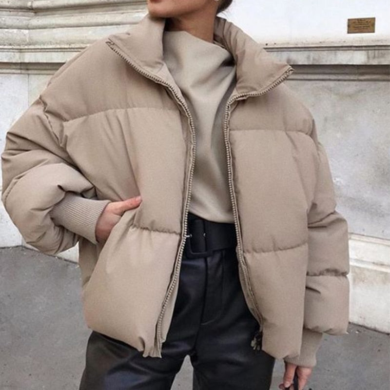 Gtealife Fashion Stand Collar Parkas Thick Warm Winter Bubble Coats  Khaki Jackets Pockets Zipper Simple Overcoats