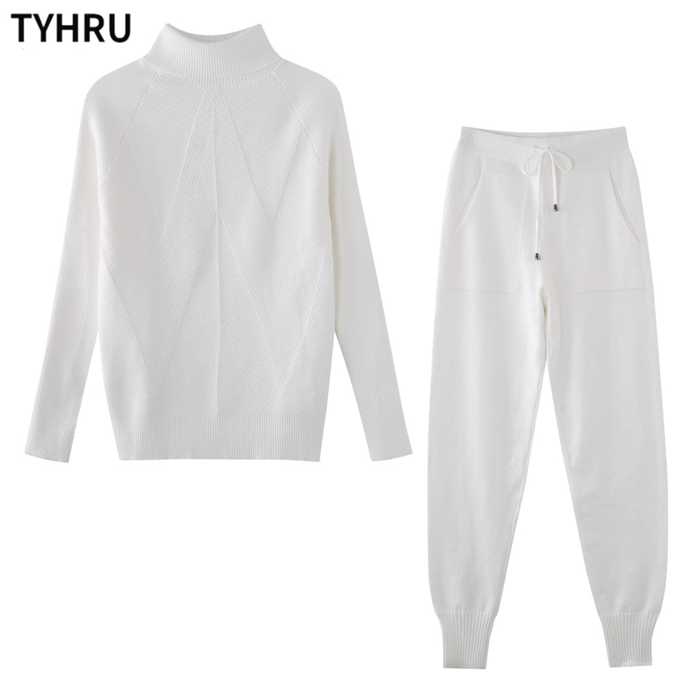 TYHRU Autumn Winter Women&#39;s tracksuit Solid Color Striped Turtleneck Sweater and Elastic Trousers Suits Knitted Two Piece Set