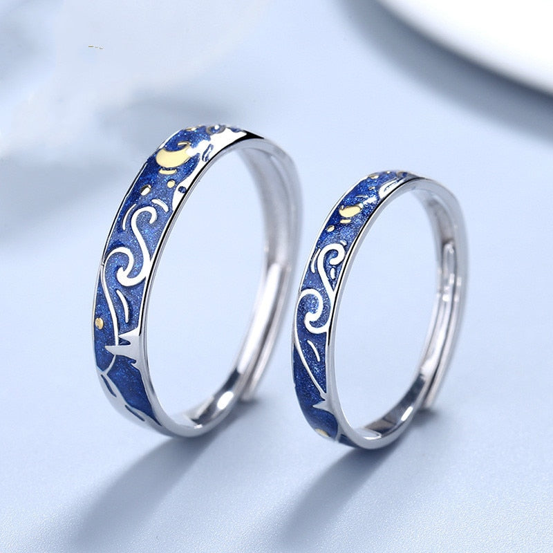 925 Sterling Silver Van Gogh Starry Sky Open Couple Ring For Women, Men Romance Student Birthday Gift Premium Enamel Jewelry