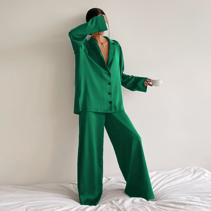 Hiloc Oversized Satin Silk Sleepwear Low Cut Sexy Pajamas Single-Breasted Long Sleeves Wide Leg Suits