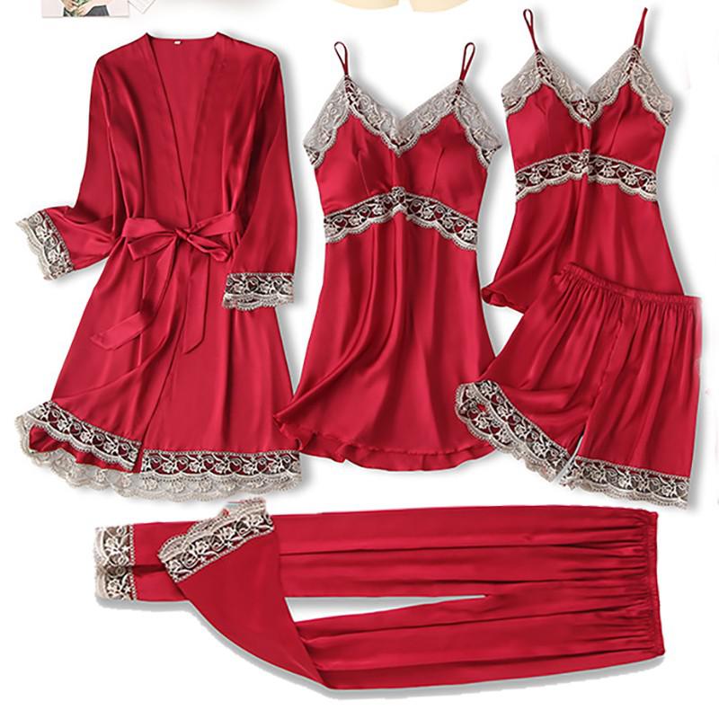 Satin Women Robe Set Sexy Nightdress Sleepwear Kimono Gown Lace PAJAMAS Intimate Lingerie Hollow Out Nighty&amp;Robe Suit