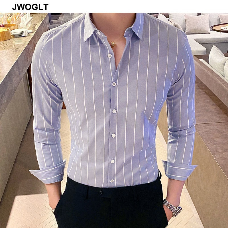 Korea Style Handsome Fashion Shirts Button Down Slim Fit Long Sleeve Striped Shirts