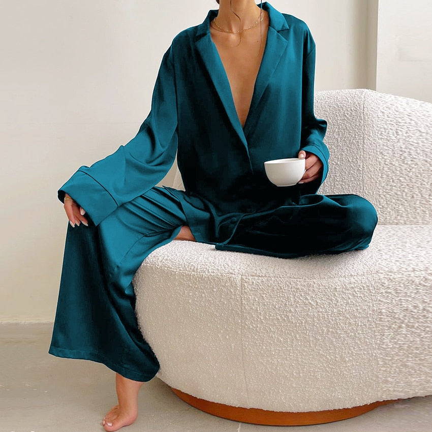 Hiloc Oversized Satin Silk Sleepwear Low Cut Sexy Pajamas Single-Breasted Long Sleeves Wide Leg Suits