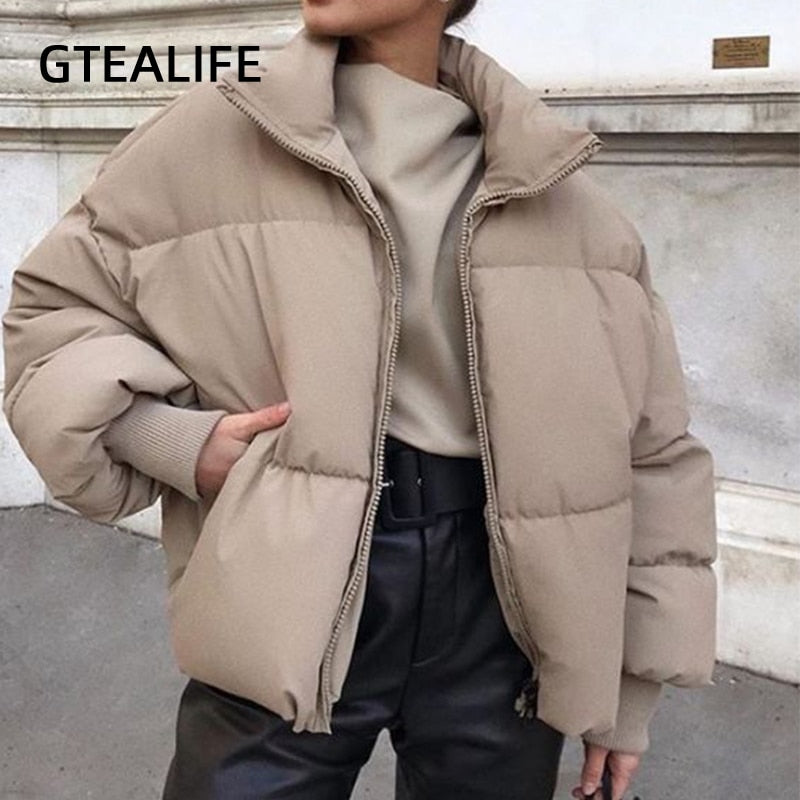 Gtealife Fashion Stand Collar Parkas Thick Warm Winter Bubble Coats  Khaki Jackets Pockets Zipper Simple Overcoats