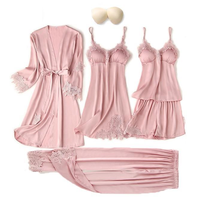 Satin Women Robe Set Sexy Nightdress Sleepwear Kimono Gown Lace PAJAMAS Intimate Lingerie Hollow Out Nighty&amp;Robe Suit