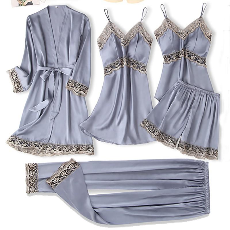 Satin Women Robe Set Sexy Nightdress Sleepwear Kimono Gown Lace PAJAMAS Intimate Lingerie Hollow Out Nighty&amp;Robe Suit