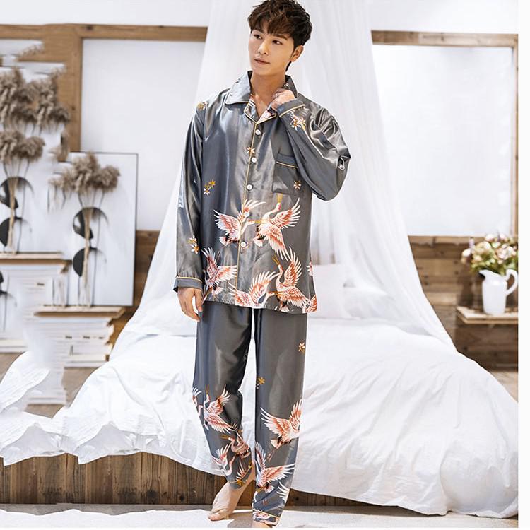 OVERSIZE Couples Print Pajamas Suit Shirt Pants Silky 2PCS Sleep Set Kimono Bathrobe Gown Casual Bridal Wedding Gift Nightwear