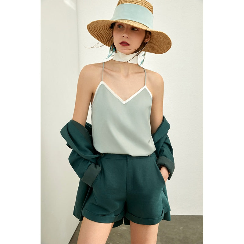 AMII Minimalism Women Solid Lapel Double Breasted Suit Coat High Waist Solid Pant Solid Short