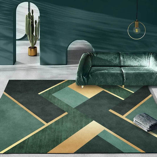 Luxury Deep Emerald Green Carpets Geometric Gold Lines White Marble Mosaic Area Rugs Livingroom Bedroom Sofa Non-Slip Floor Mat