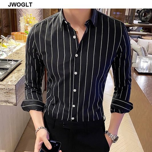 Korea Style Handsome Fashion Shirts Button Down Slim Fit Long Sleeve Striped Shirts