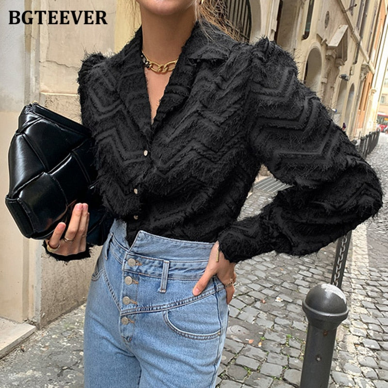 BGTEEVER Elegant Notched Collar Tassels Shirts, New Single-Breasted Shirts /Tops