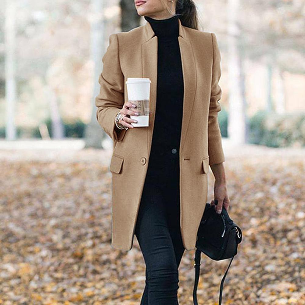 Women Trench Long Coat  Autumn Winter Lapel Long Sleeve Coats Office Ladies Solid Slim Overcoat Outwear Abrigo Mujer