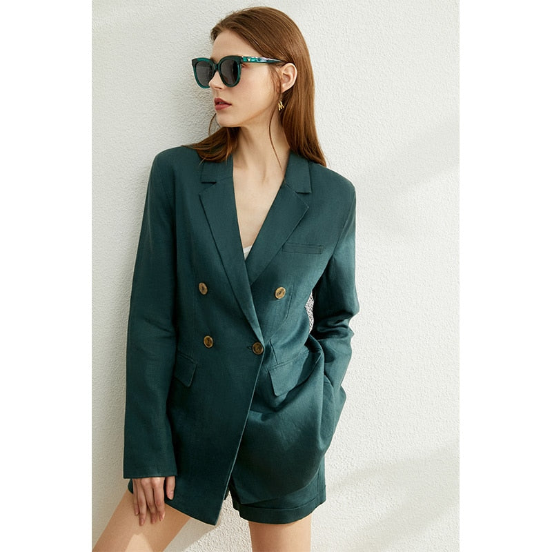 AMII Minimalism Women Solid Lapel Double Breasted Suit Coat High Waist Solid Pant Solid Short