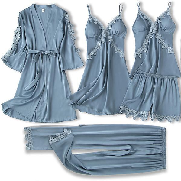 Satin Women Robe Set Sexy Nightdress Sleepwear Kimono Gown Lace PAJAMAS Intimate Lingerie Hollow Out Nighty&amp;Robe Suit