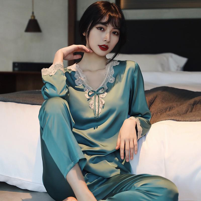 Lace 2PCS Sleepwear  Satin Pajamas Suit Summer Pajamas Casual Intimate Lingerie Long Sleeve Shirt Pants Lounge Wear