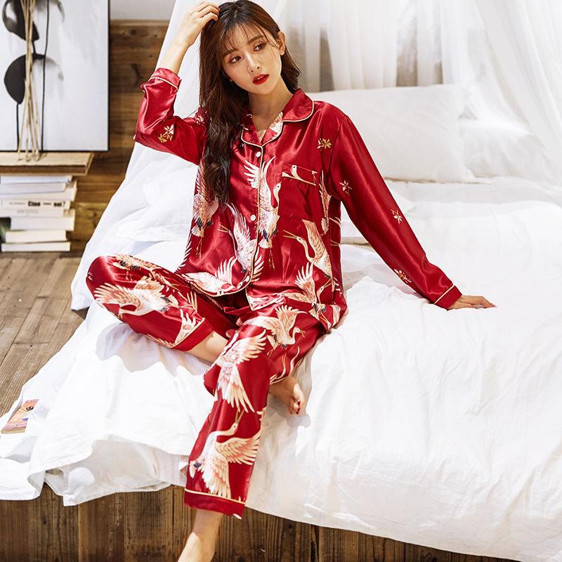 OVERSIZE Couples Print Pajamas Suit Shirt Pants Silky 2PCS Sleep Set Kimono Bathrobe Gown Casual Bridal Wedding Gift Nightwear