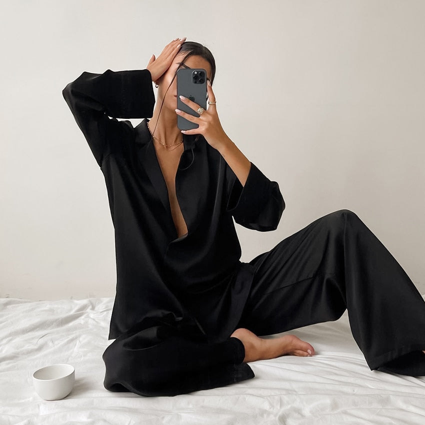 Hiloc Oversized Satin Silk Sleepwear Low Cut Sexy Pajamas Single-Breasted Long Sleeves Wide Leg Suits