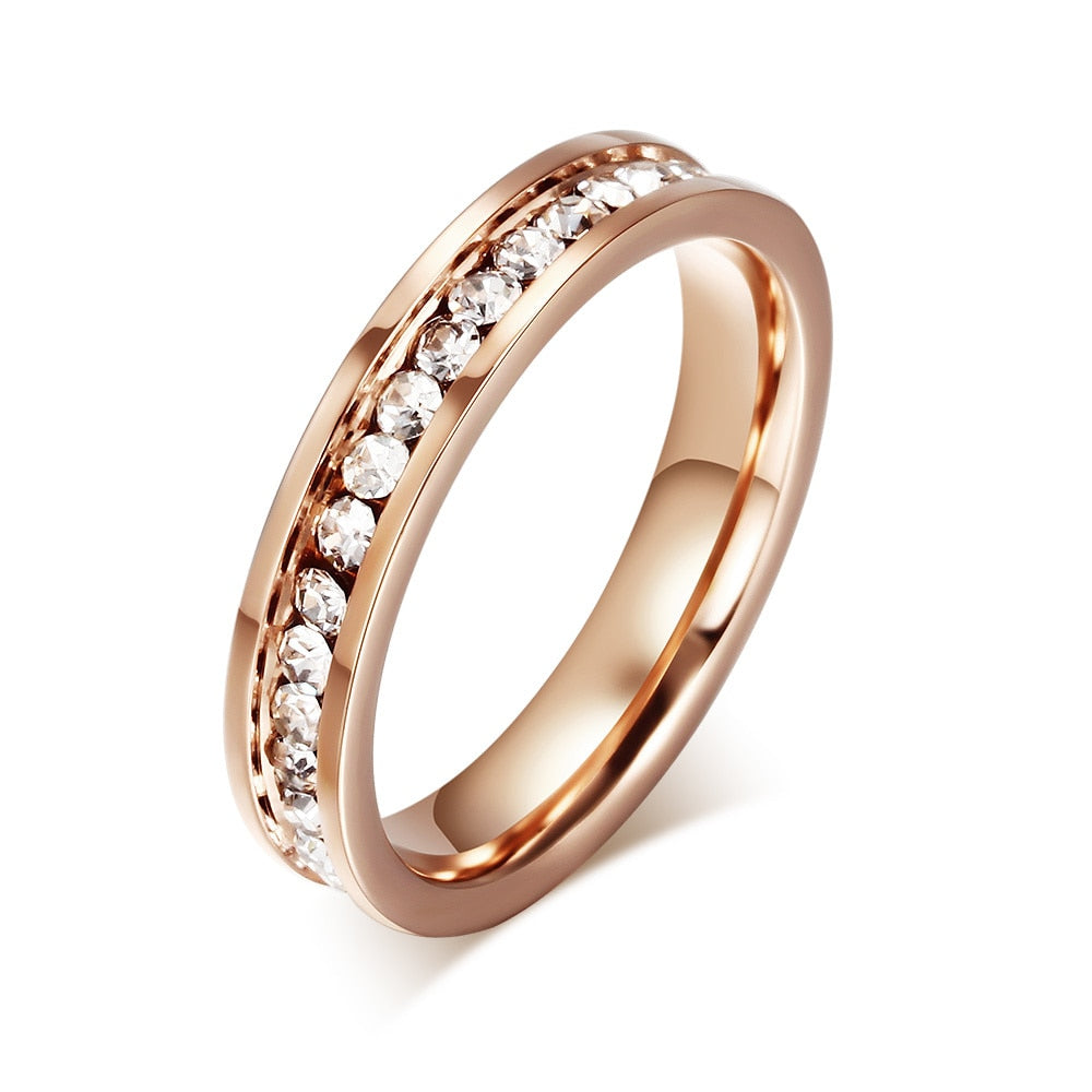 Vnox Cute Women's Ring Rose Gold Color Full CZ Stones 4mm Width Stainless Steel Engagement Jewelry