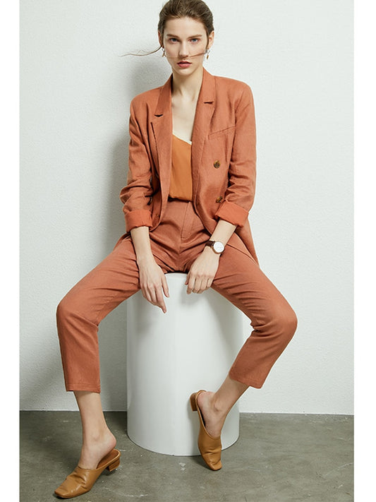 AMII Minimalism Women Solid Lapel Double Breasted Suit Coat High Waist Solid Pant Solid Short