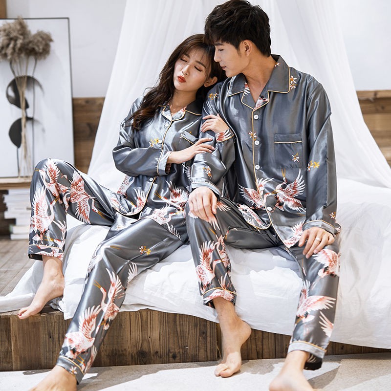 OVERSIZE Couples Print Pajamas Suit Shirt Pants Silky 2PCS Sleep Set Kimono Bathrobe Gown Casual Bridal Wedding Gift Nightwear