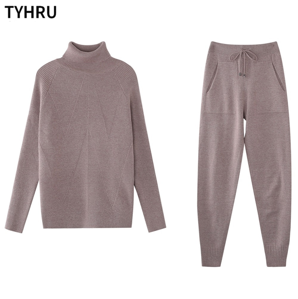 TYHRU Autumn Winter Women&#39;s tracksuit Solid Color Striped Turtleneck Sweater and Elastic Trousers Suits Knitted Two Piece Set