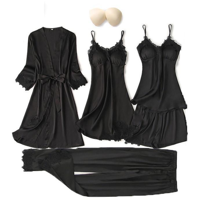 Satin Women Robe Set Sexy Nightdress Sleepwear Kimono Gown Lace PAJAMAS Intimate Lingerie Hollow Out Nighty&amp;Robe Suit