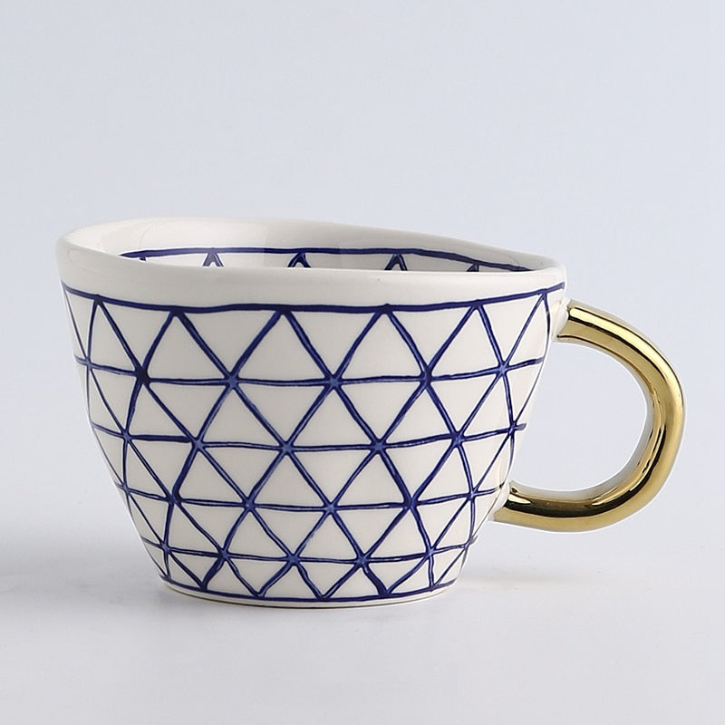 Hand Painted Geometric Ceramic Mugs With Gold Handle Handmade Irregular Cups For Coffee Tea Milk Oatmeal Creative Birthday Gifts