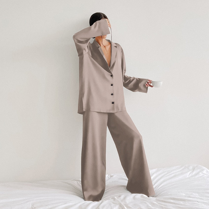 Hiloc Oversized Satin Silk Sleepwear Low Cut Sexy Pajamas Single-Breasted Long Sleeves Wide Leg Suits