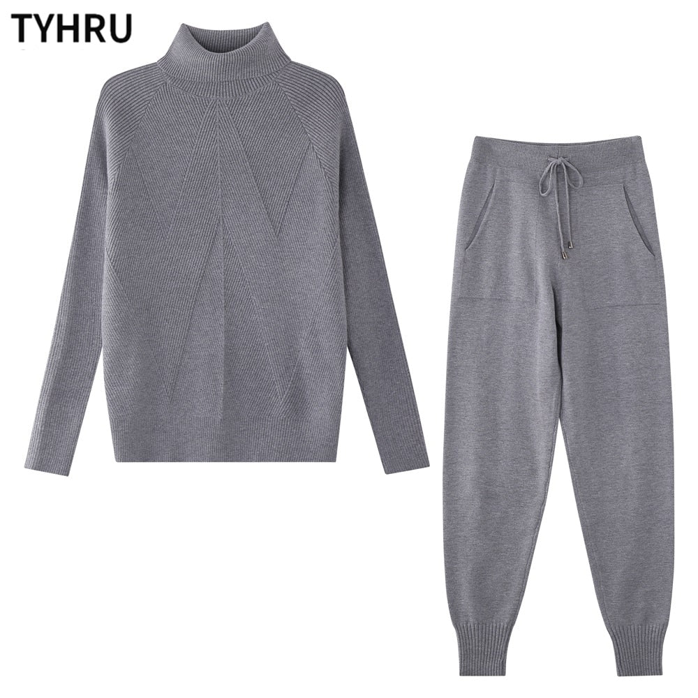 TYHRU Autumn Winter Women&#39;s tracksuit Solid Color Striped Turtleneck Sweater and Elastic Trousers Suits Knitted Two Piece Set