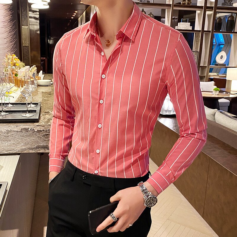 Korea Style Handsome Fashion Shirts Button Down Slim Fit Long Sleeve Striped Shirts