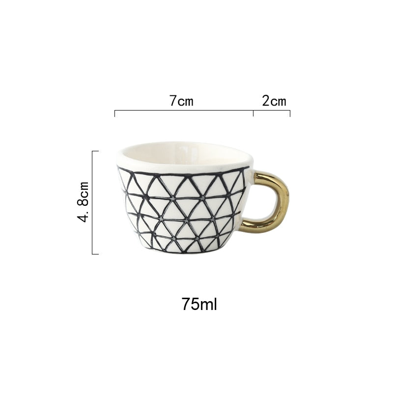 Hand Painted Geometric Ceramic Mugs With Gold Handle Handmade Irregular Cups For Coffee Tea Milk Oatmeal Creative Birthday Gifts