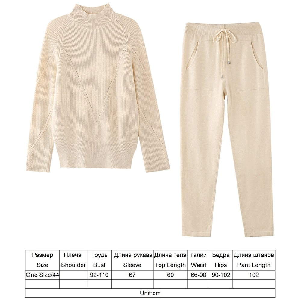 TYHRU Autumn Winter Women&#39;s tracksuit Solid Color Striped Turtleneck Sweater and Elastic Trousers Suits Knitted Two Piece Set