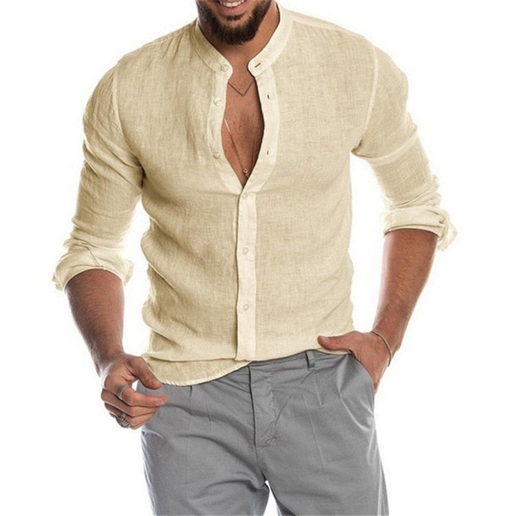 Solid Color Linen Long Sleeve Shirt  Cardigan Long Sleeve  Men's Shirt