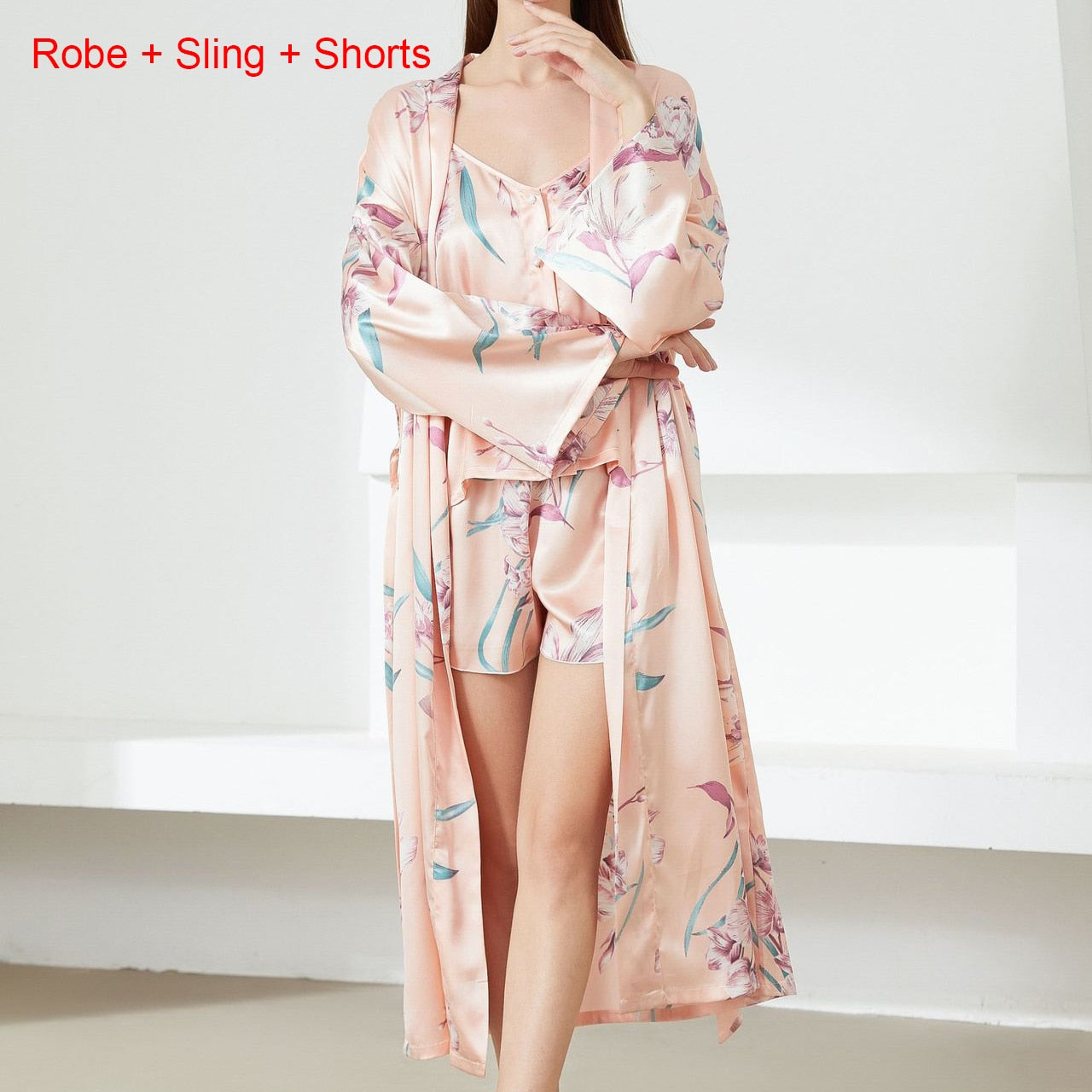 Print Flower Nighty&amp;Robe Suit Sleepwear Sexy Satin Kimono Gown Women Bathrobe Intimate Lingerie Nightwear Silky Nightgown