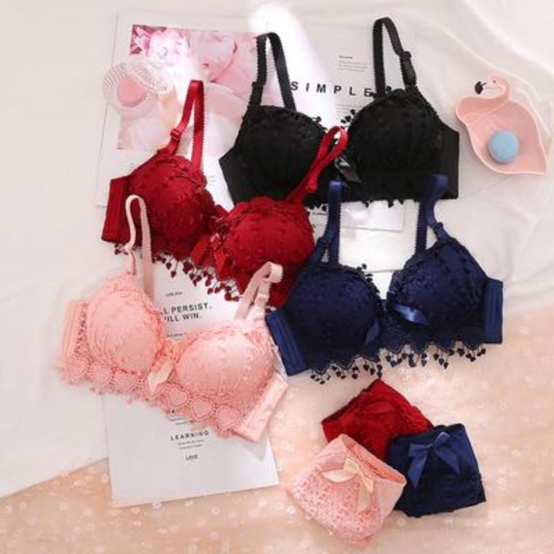 Push Up Lingerie Bra and Panties Lace Wireless Bra Briefs Sexy Bra Top Seamless Plus Size Underwear Set -  7 colors