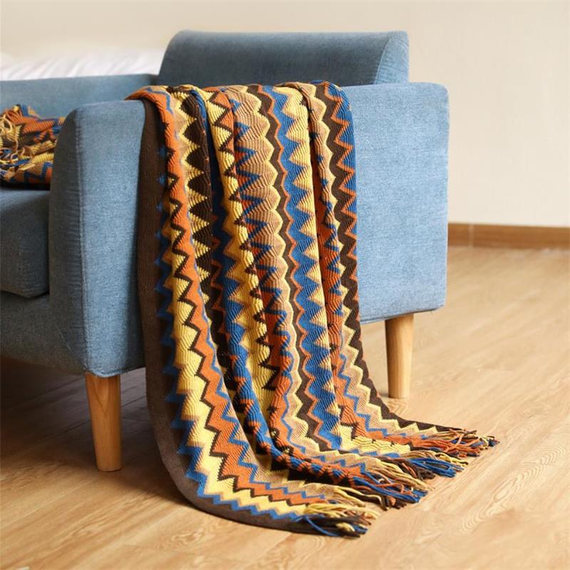 Bohemian Acryl Knitted Striped Blanket Soft Plaid Blanket Sofa Decorative Throw Blankets with Tassel Blankets for Bed Bedspred