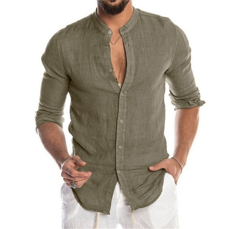 Solid Color Linen Long Sleeve Shirt  Cardigan Long Sleeve  Men's Shirt