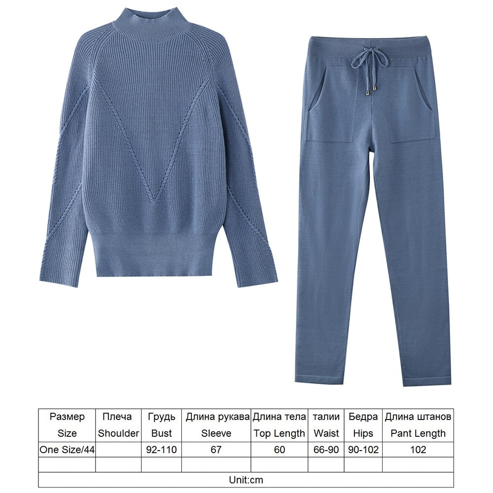 TYHRU Autumn Winter Women&#39;s tracksuit Solid Color Striped Turtleneck Sweater and Elastic Trousers Suits Knitted Two Piece Set