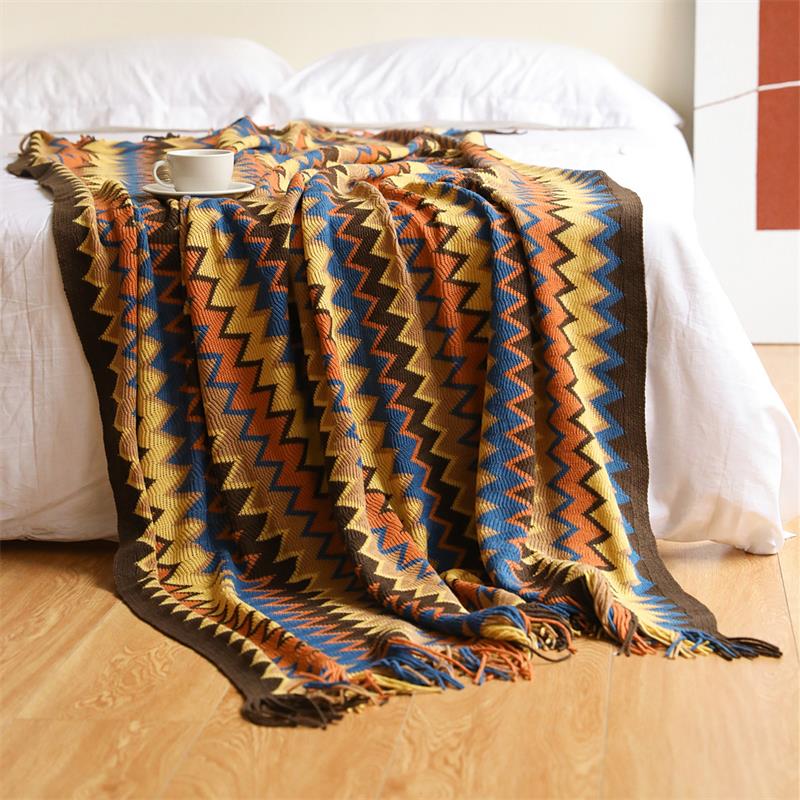 Bohemian Acryl Knitted Striped Blanket Soft Plaid Blanket Sofa Decorative Throw Blankets with Tassel Blankets for Bed Bedspred