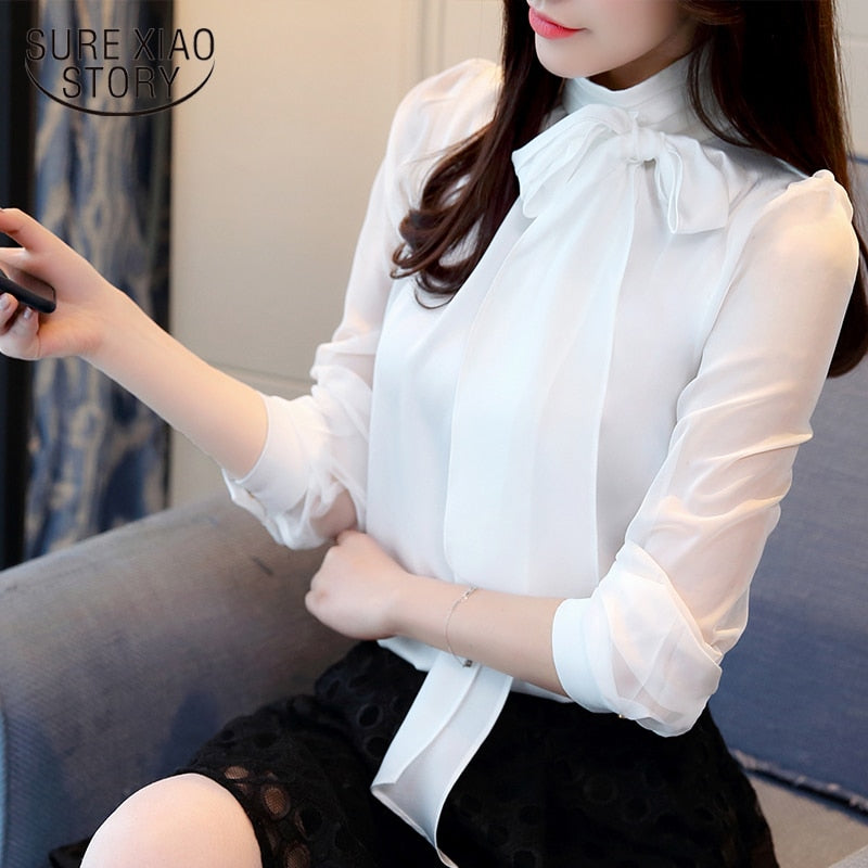 Tunic Women Blouse Shirts Long Sleeve Tie Bow Chiffon Turtleneck Formal White Black Shirts