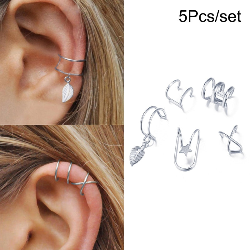 LATS Silver Color Leaves Clip Earrings Creative Simple C Ear Cuff Non-Piercing Ear Ear Clip Set Trend Jewelry Gift