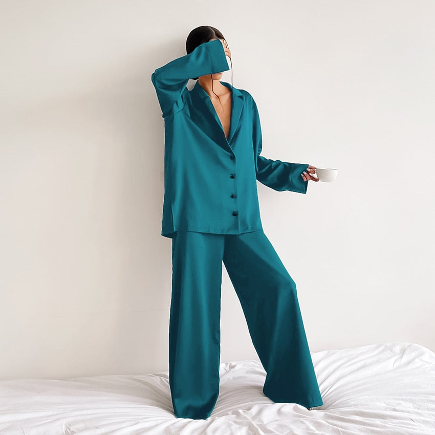 Hiloc Oversized Satin Silk Sleepwear Low Cut Sexy Pajamas Single-Breasted Long Sleeves Wide Leg Suits