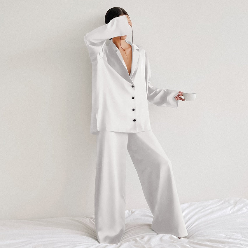 Hiloc Oversized Satin Silk Sleepwear Low Cut Sexy Pajamas Single-Breasted Long Sleeves Wide Leg Suits