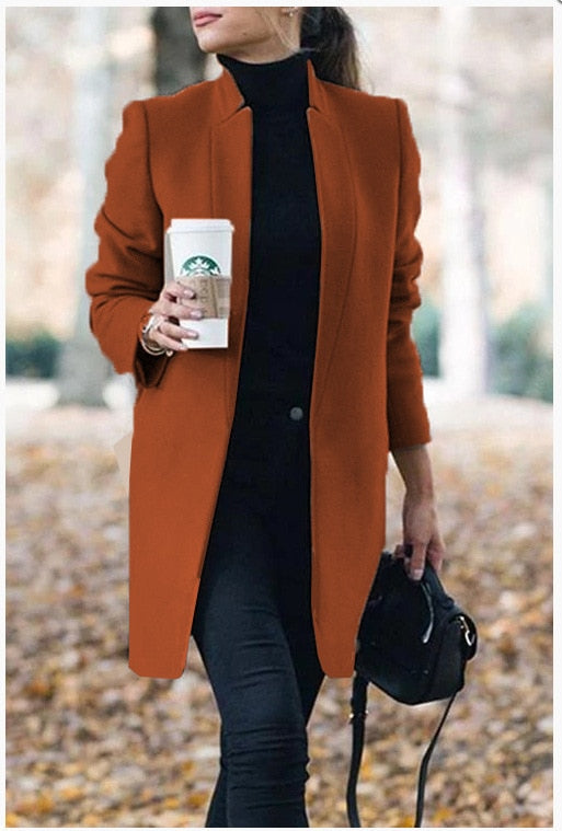 Women Trench Long Coat  Autumn Winter Lapel Long Sleeve Coats Office Ladies Solid Slim Overcoat Outwear Abrigo Mujer