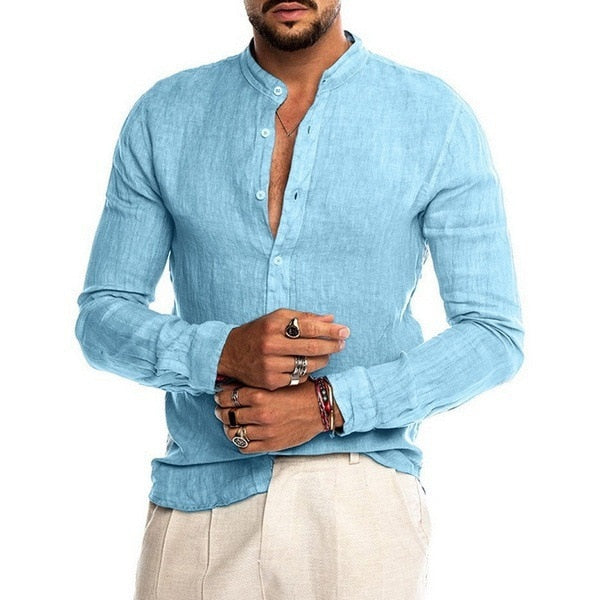 Solid Color Linen Long Sleeve Shirt  Cardigan Long Sleeve  Men's Shirt