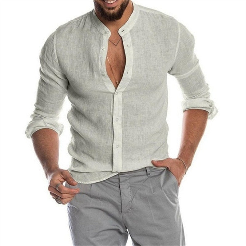 Solid Color Linen Long Sleeve Shirt  Cardigan Long Sleeve  Men's Shirt