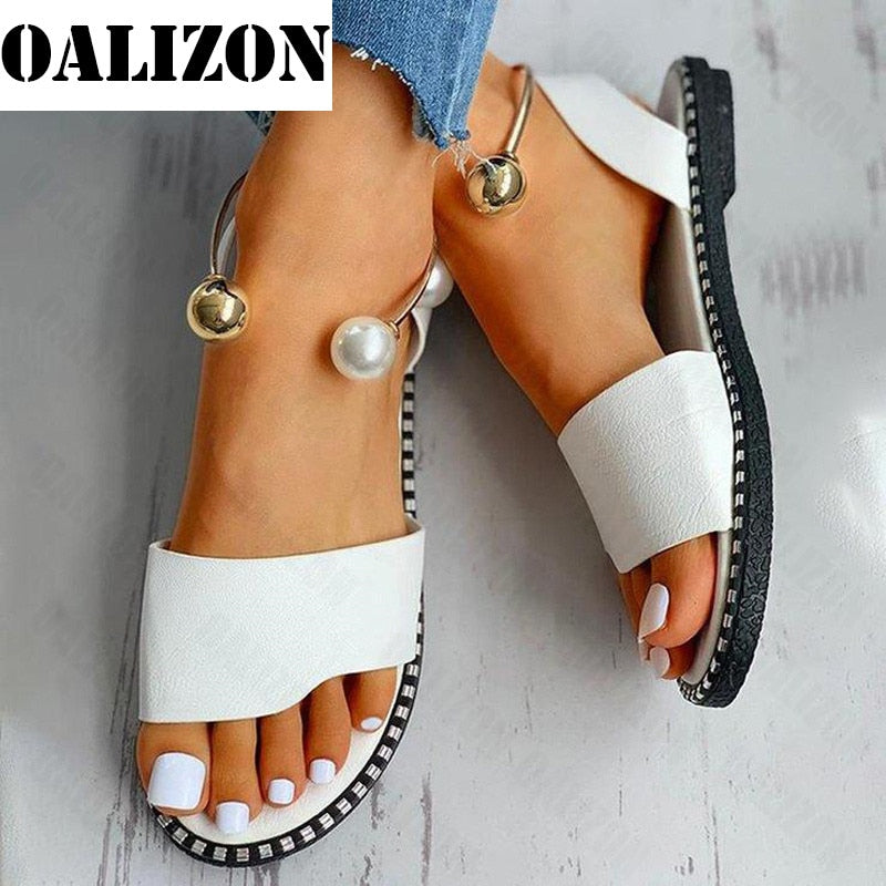 Women Beaded Pearly Sandals Slippers Shoes Ladies Flats Sandals Flip Flop Casual Flat Slingback Sandals Shoes