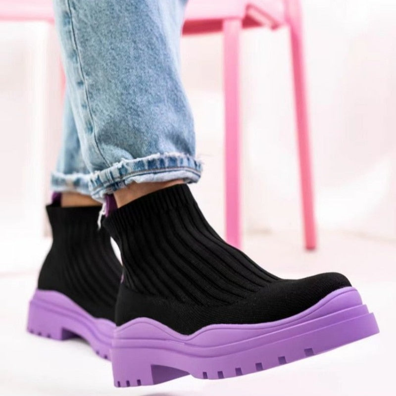 Short Boots Ankle Shoes Women Chunky Elastic Knit Comfortable Sock Platform Boot Female Botas Altas Plataforma Mujer