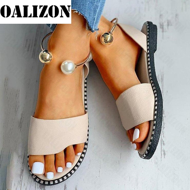 Women Beaded Pearly Sandals Slippers Shoes Ladies Flats Sandals Flip Flop Casual Flat Slingback Sandals Shoes