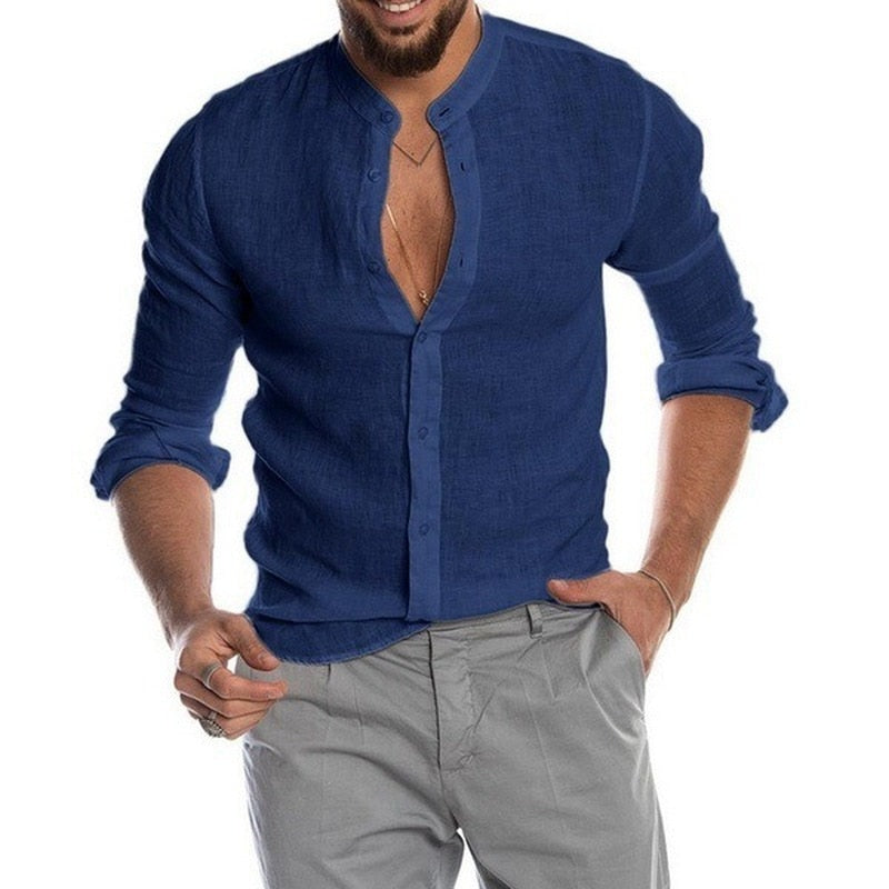 Solid Color Linen Long Sleeve Shirt  Cardigan Long Sleeve  Men's Shirt